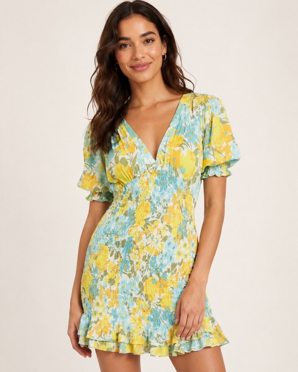Faithfull The Brand Margheita Floral Smocked Mini Dress Puff Sleeves Vacation XS